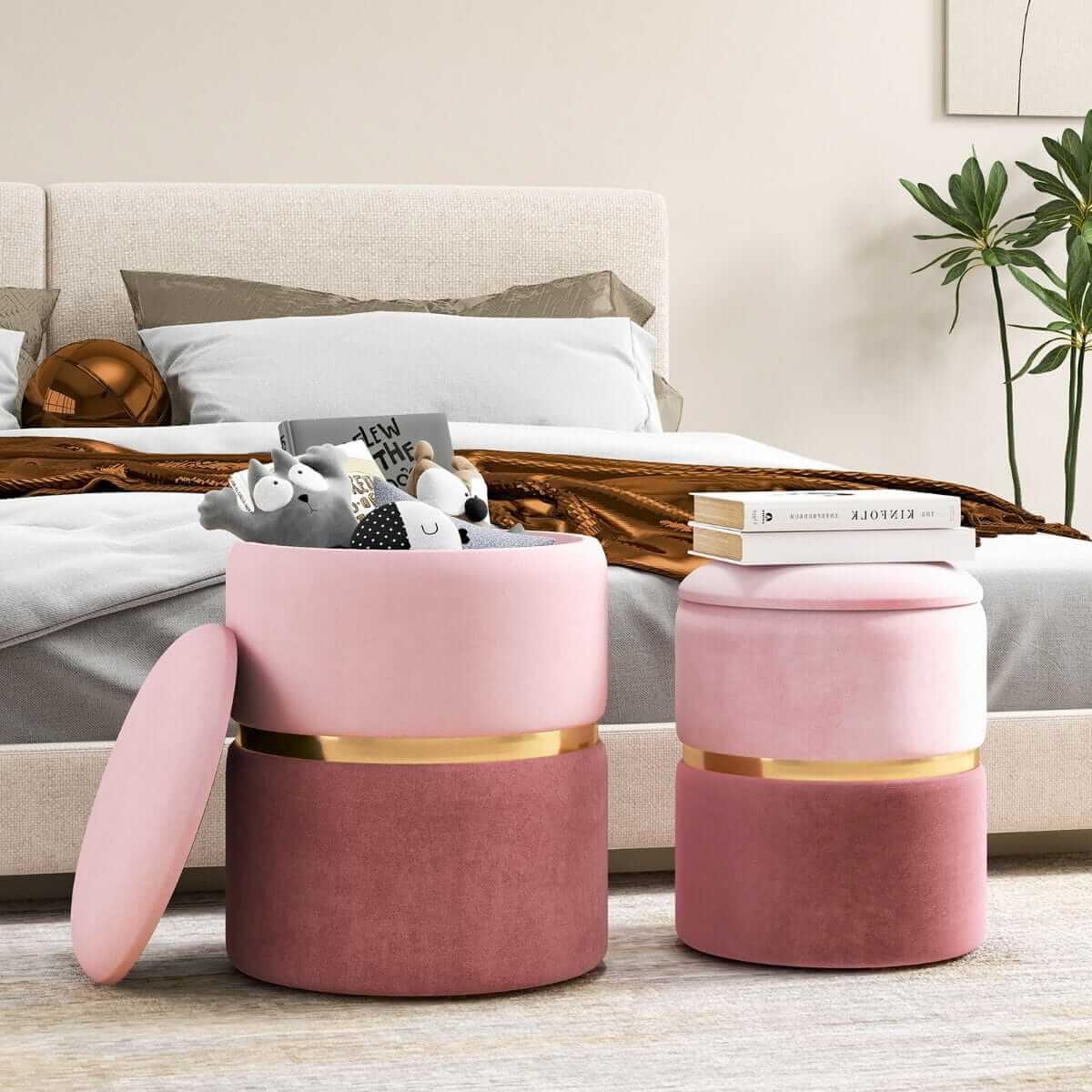 2 Pufų Rinkinys Su Daiktadėžėmis Rožinė Su Auksu