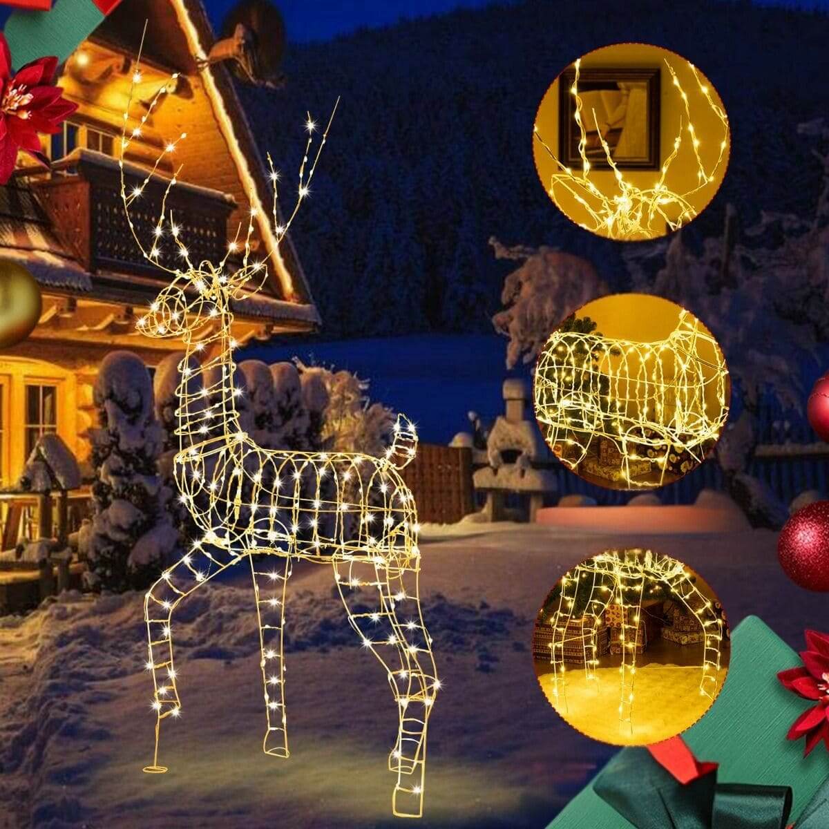 3D LED Šiaurės Elnio Kalėdinė Dekoracija – 300 LED, Atsparus Blogam Orui