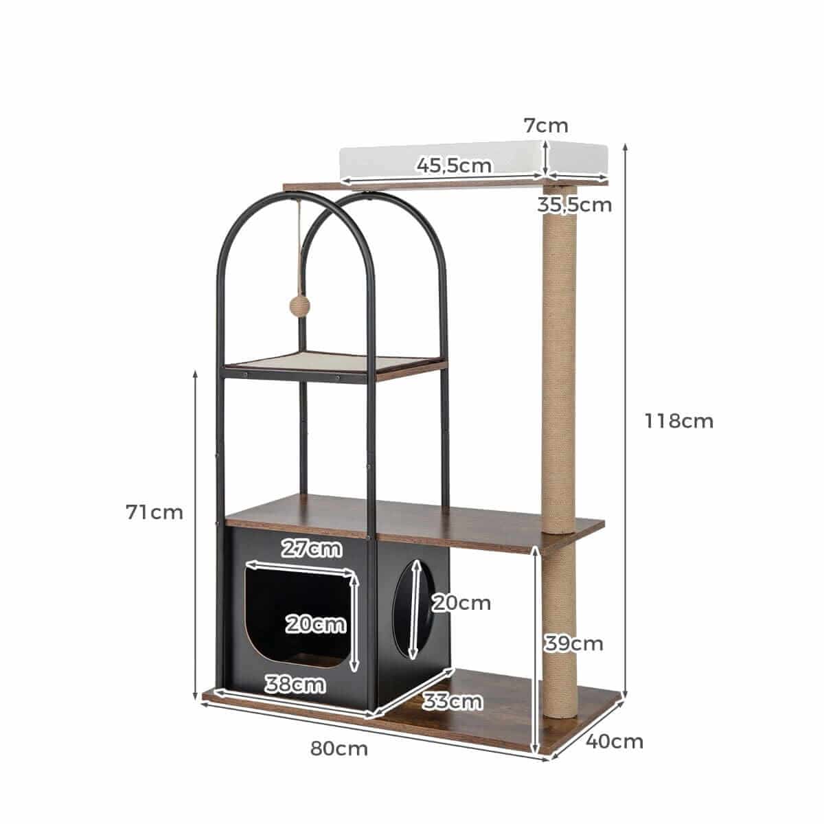 4 Pakopų Kačių Draskyklė Su Nameliu, Žaisliuku Ir Gultais, Juoda 118 cm