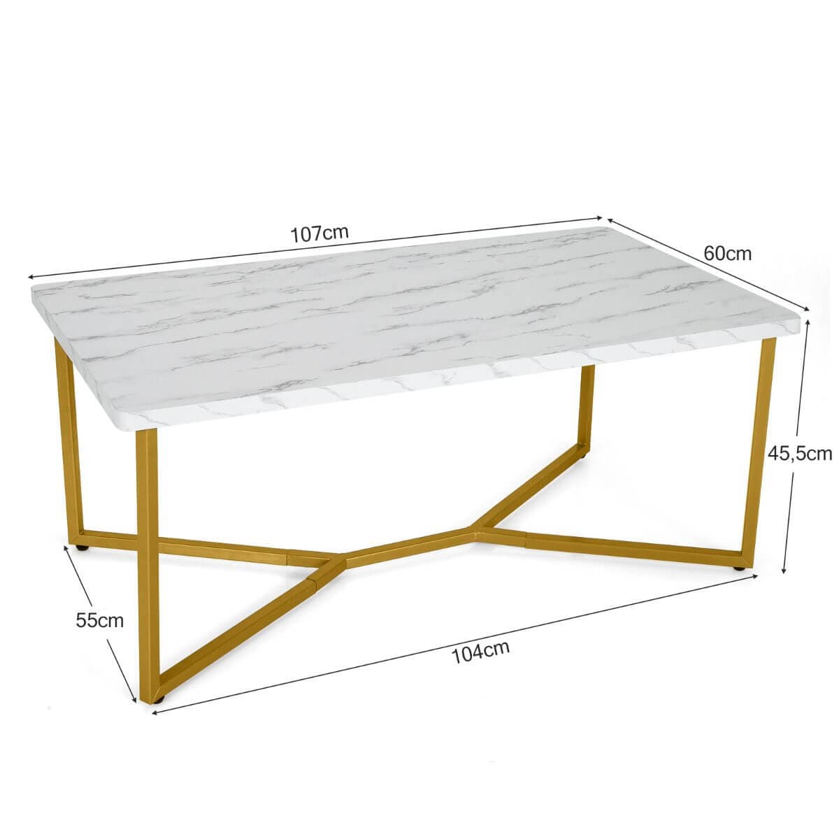 Aukso Spalvos Kavos Staliukas Su Marmuro Imitacijos Viršumi 107 × 60 × 45.5 cm