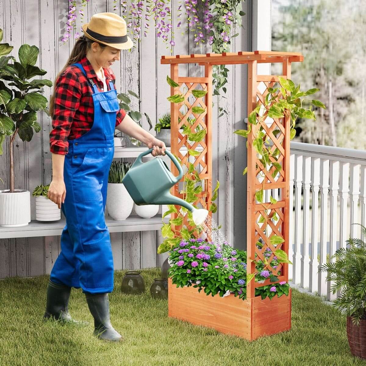 Medinis Gėlių Vazonas Pakeliama Lysvė Su Pergola Pavėsine Iš Eglės Medienos