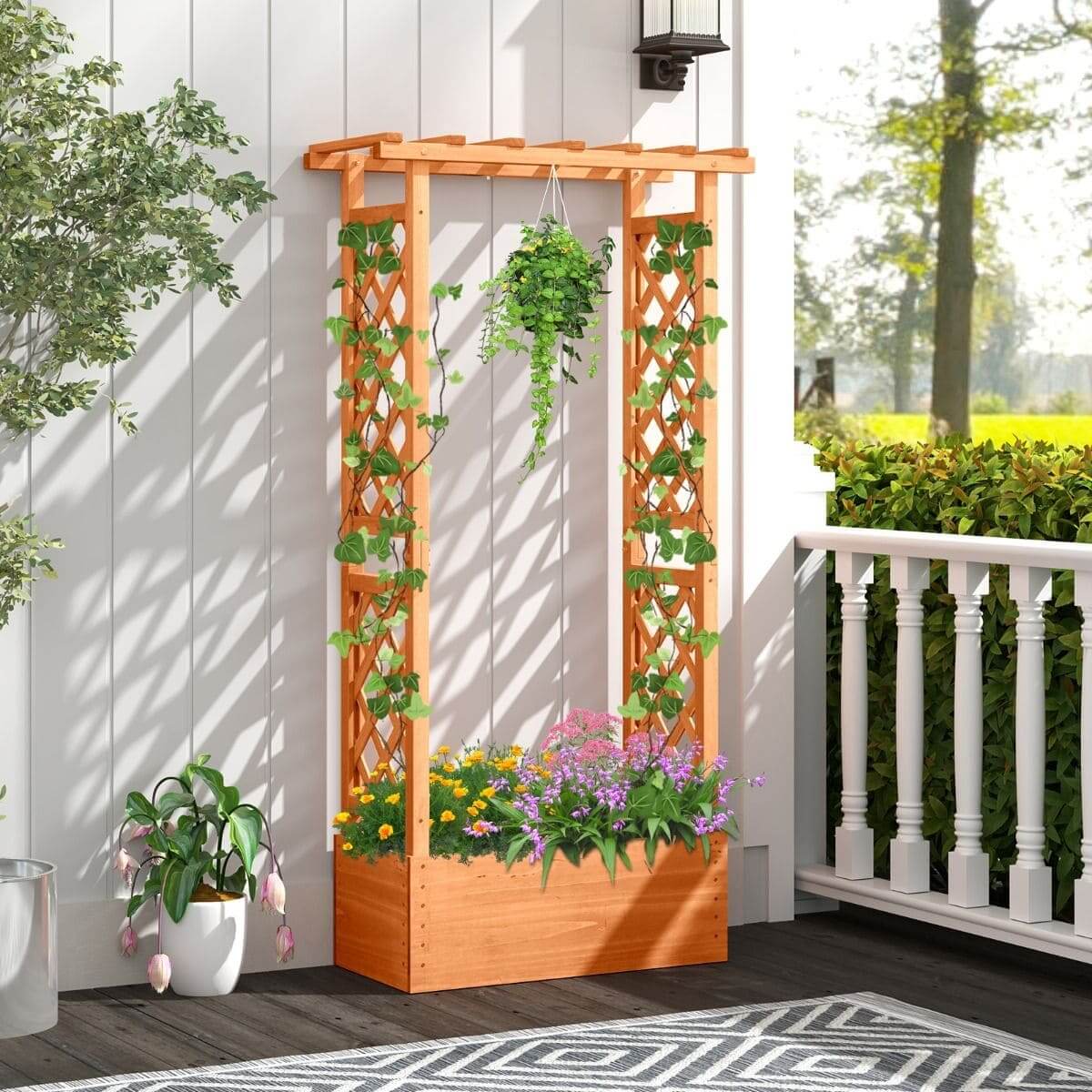 Medinis Gėlių Vazonas Pakeliama Lysvė Su Pergola Pavėsine Iš Eglės Medienos