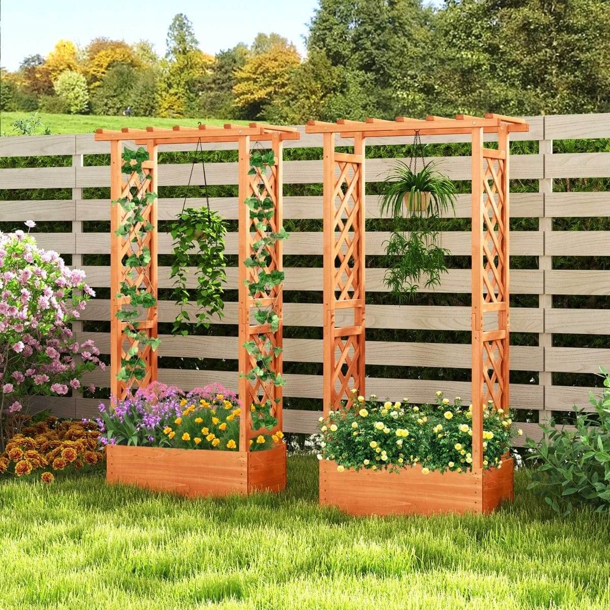 Medinis Gėlių Vazonas Pakeliama Lysvė Su Pergola Pavėsine Iš Eglės Medienos