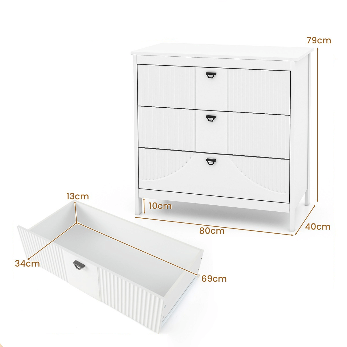 Moderni Balta Medinė Komoda Su 3 Stalčiais