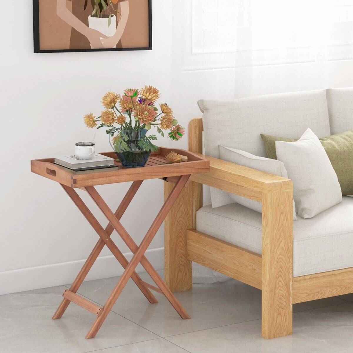 Sulankstomas Medinis Staliukas Padėklas 68 x 44 x 74 cm