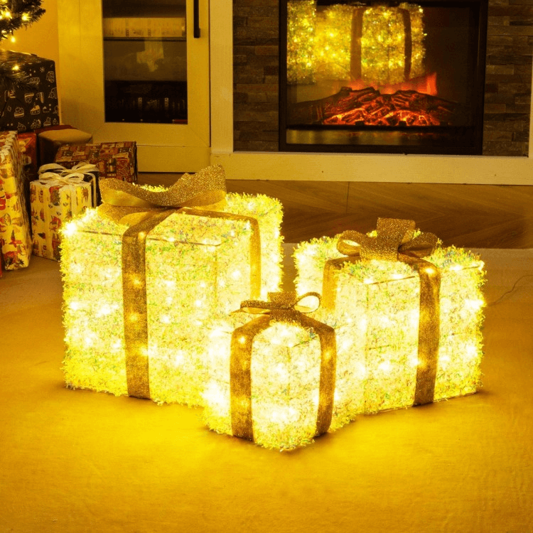 Dekoratyvinių Dovanų Dėžučių Rinkinys Su LED Šviesomis Ir Auksiniais Kaspinais