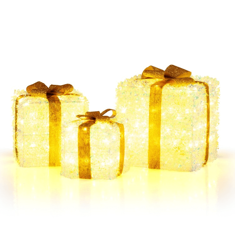 Dekoratyvinių Dovanų Dėžučių Rinkinys Su LED Šviesomis Ir Auksiniais Kaspinais