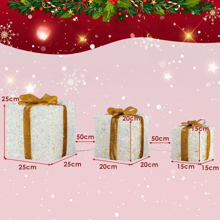 Dekoratyvinių Dovanų Dėžučių Rinkinys Su LED Šviesomis Ir Auksiniais Kaspinais