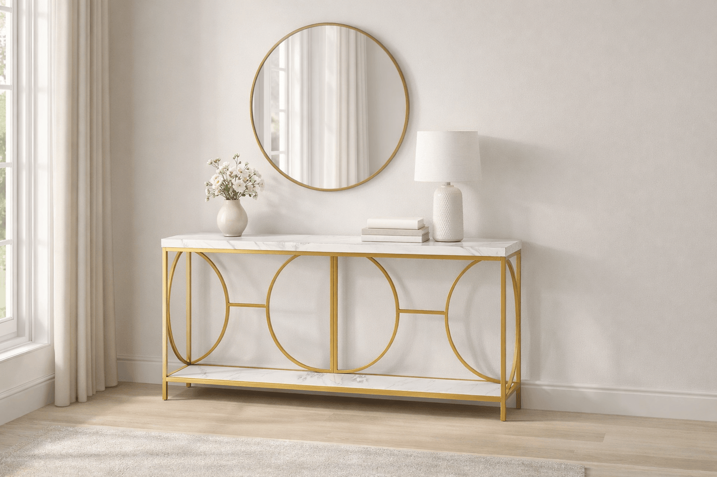 Konsolinis Staliukas Su Marmuro Efekto Stalviršiu Ir Auksiniu Rėmu 180 cm