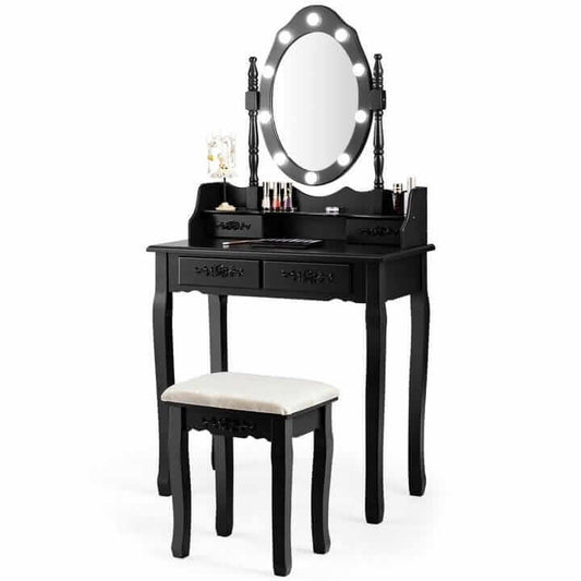 Cosmetic Table With LED Mirror And Chair Black 75 x 40 x 146 cm