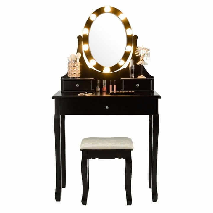 Kosmetikos Staliukas Su LED Veidrodžiu Ir Kėdute Juodas  75 x 40 x 139 cm