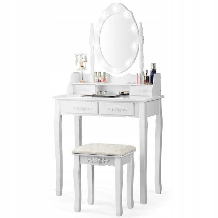 Kosmetikos Staliukas Su LED Veidrodžiu Ir Kėdute Baltas 75 x 40 x 146 cm