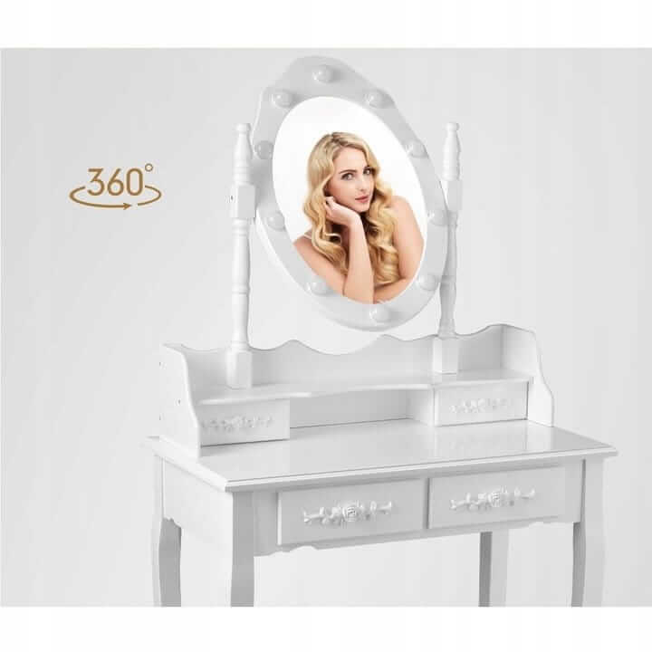 Kosmetikos Staliukas Su LED Veidrodžiu Ir Kėdute Baltas 75 x 40 x 146 cm