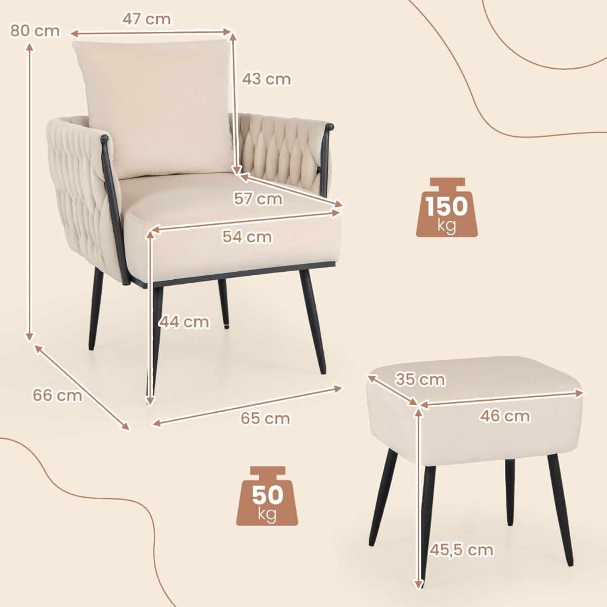 Modernus ir Elegantiškas Fotelis Kėdė Su Pufu, Baltas, Olandiškas Aksomas 80 × 66 × 65 cm