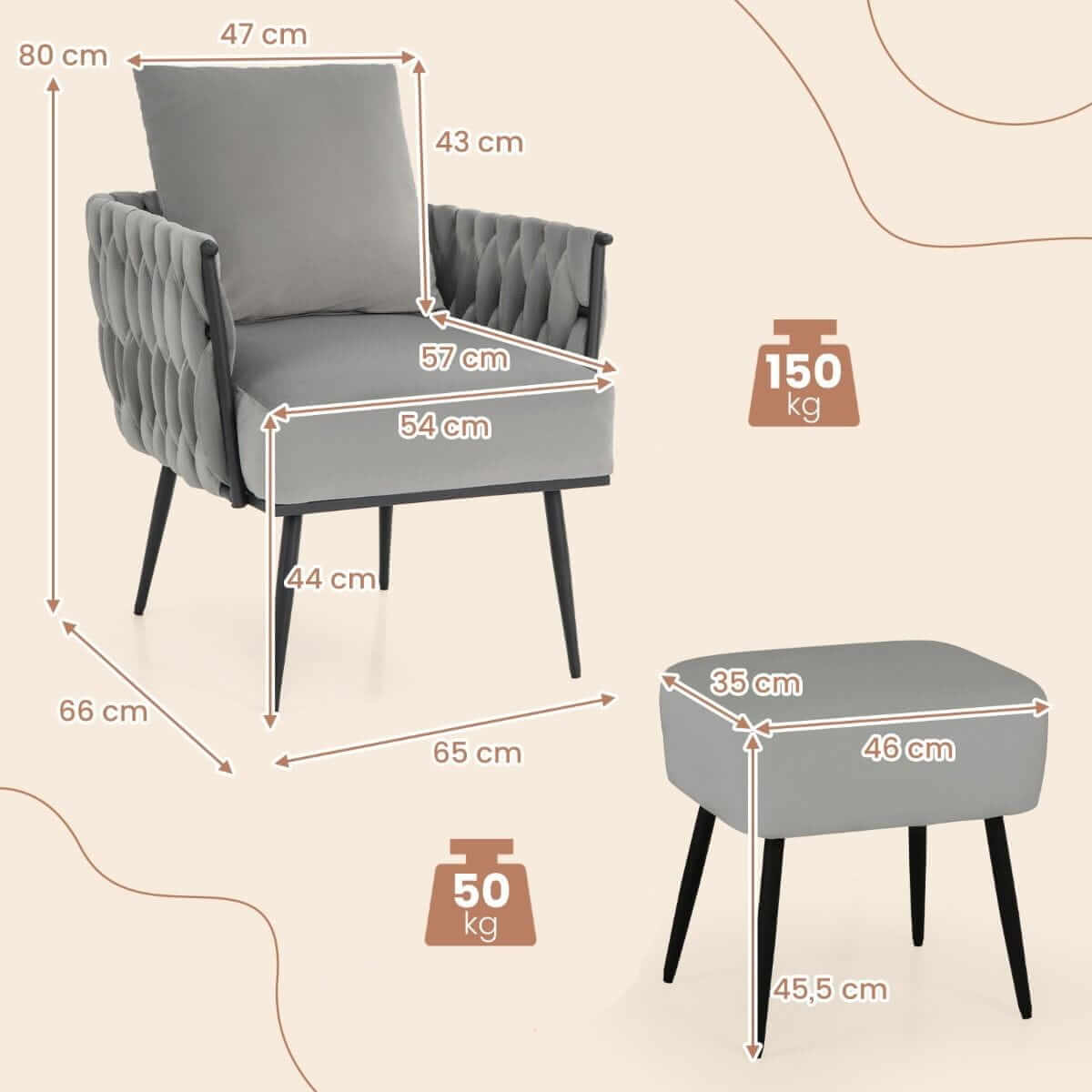 Modernus ir Elegantiškas Fotelis Kėdė Su Pufu, Pilkas, Olandiškas Aksomas 80 × 66 × 65 cm