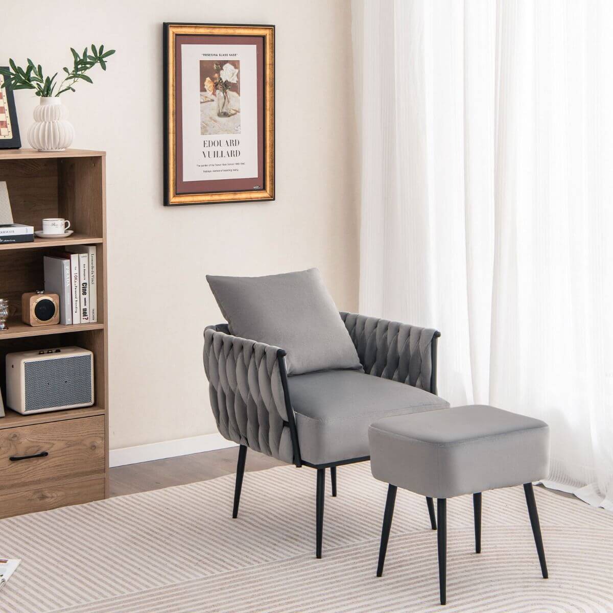 Modernus ir Elegantiškas Fotelis Kėdė Su Pufu, Pilkas, Olandiškas Aksomas 80 × 66 × 65 cm