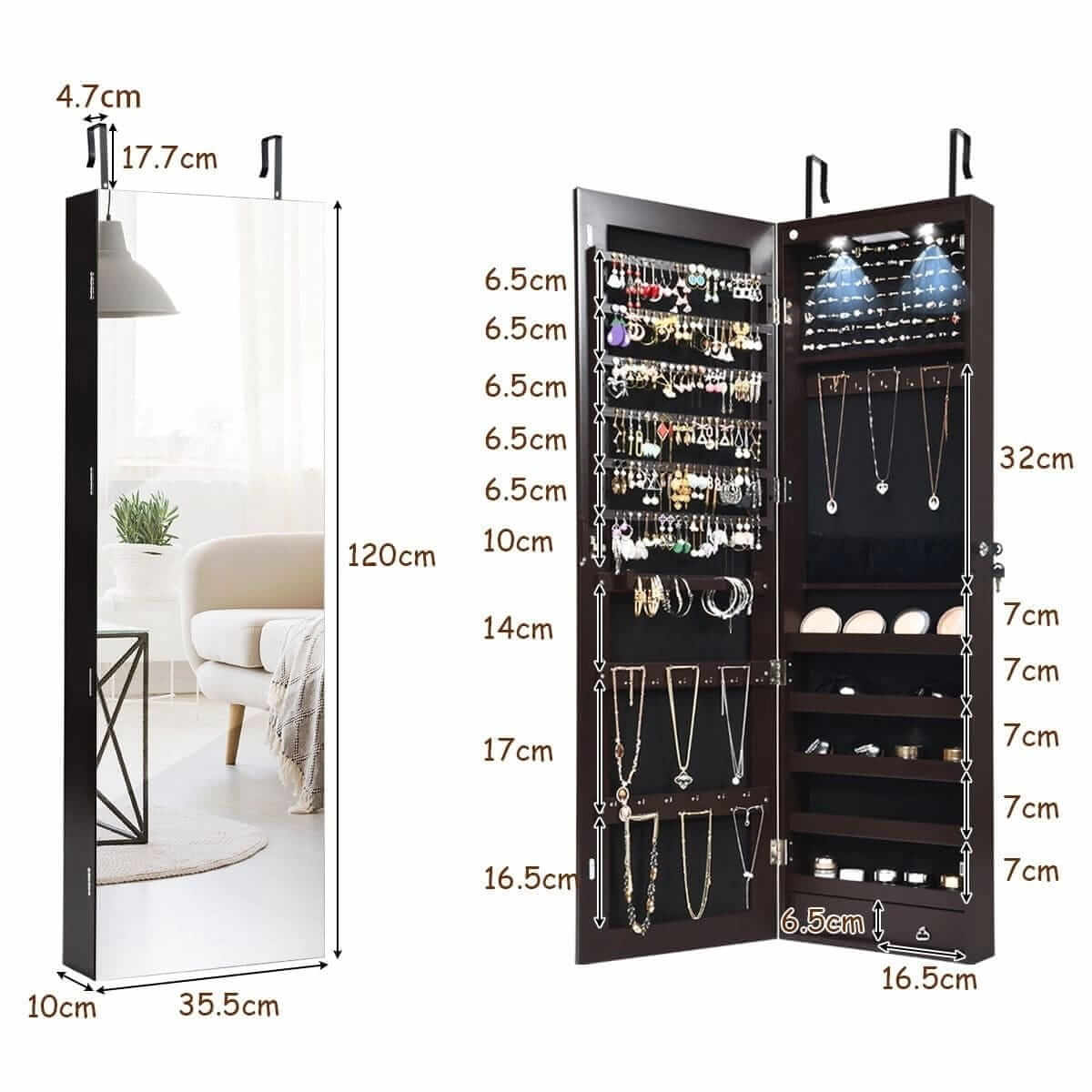 Jewelry And Accessories Cabinet With Lighting And Mirror 138 × 35.6 × 10 cm