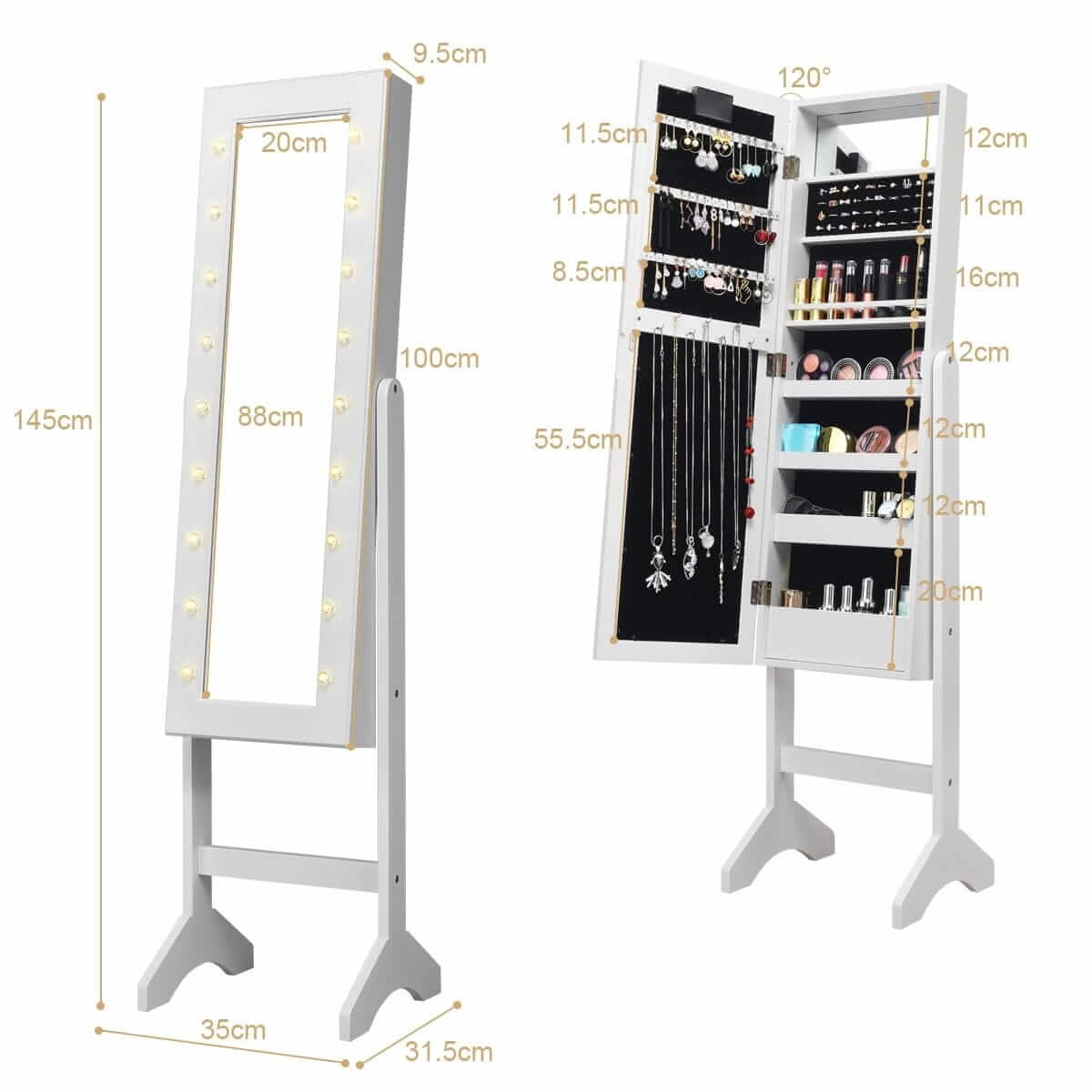 Jewelry Cabinet With Mirror And LED Lighting 145 × 35 × 31.5 cm