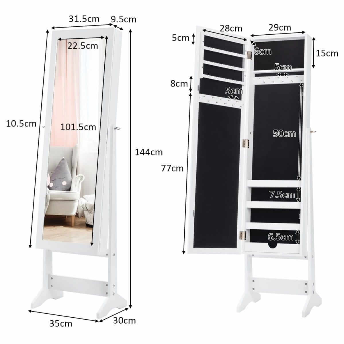 Jewelry Cabinet With Large Mirror White 144 × 35 × 30 cm