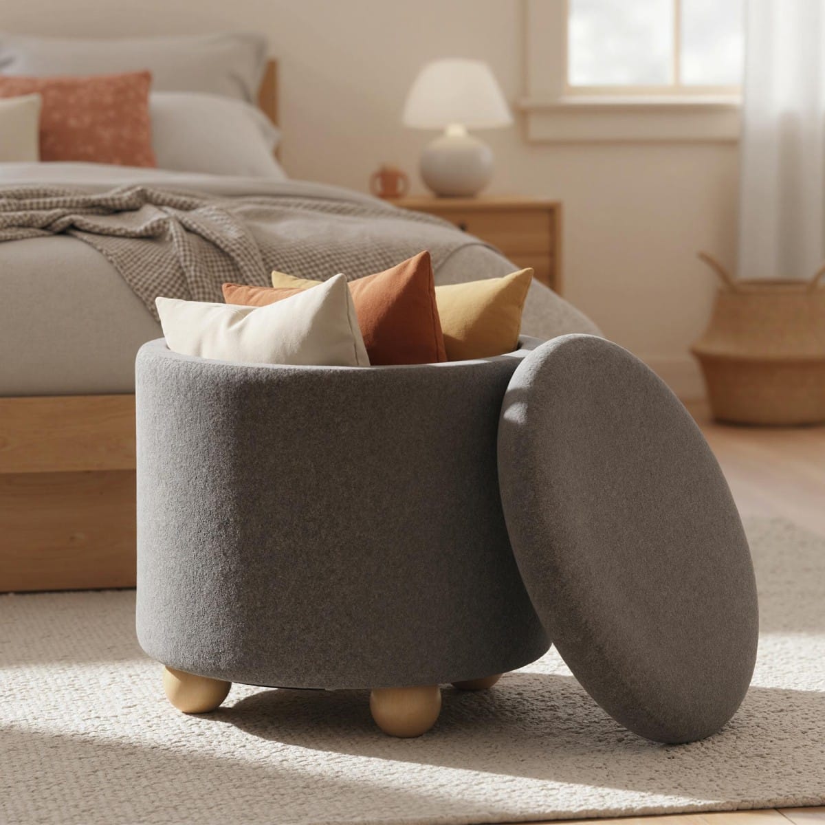 Pilkas apvalus pufas su daiktadėže miegamojo interjere.